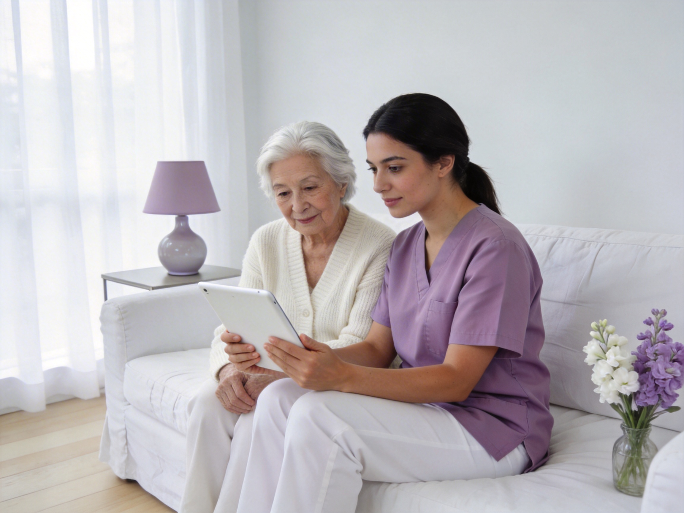 A caregiver and an older woman sharing a quiet moment over the CobiCare app on a tablet in a bright living room.