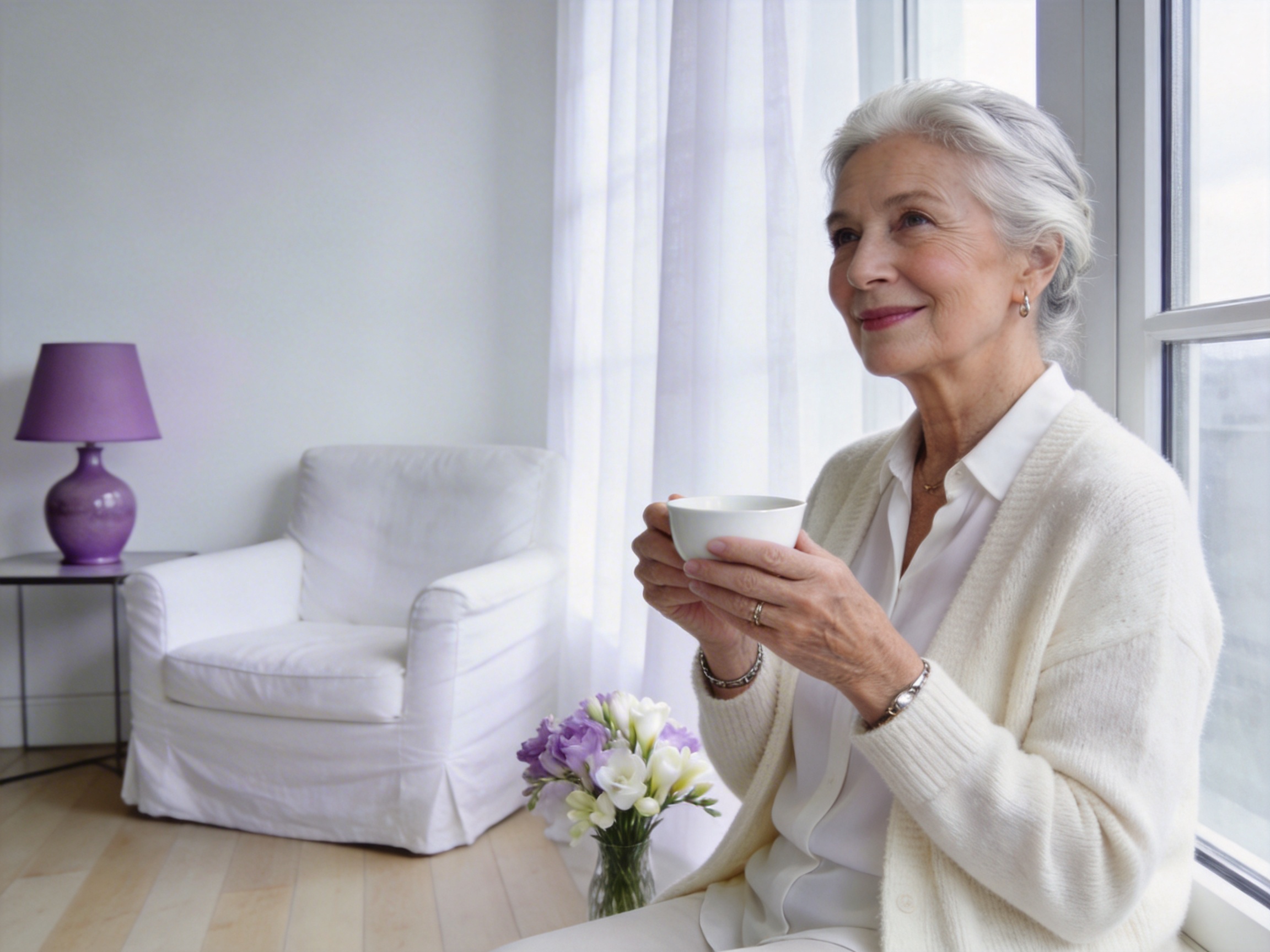 A woman in her late 70s in her own sunlit living room, holding a cup of tea, looking thoughtfully off-camera.